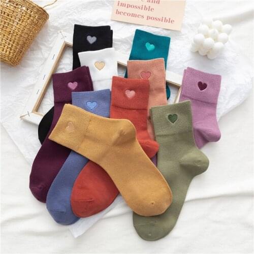 The New Women Fashion Cotton High Quality Socks Love Embroidery Elastic Pure Color Retro College Style Socks Autumn And Winter
