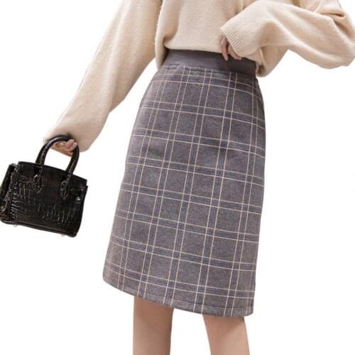 Autumn Woolen Skirt Women Elastic High Waist Korean Style Plaid Skirts Hip Package Midi Skirt Female Saias Jupe Femme Plus Size