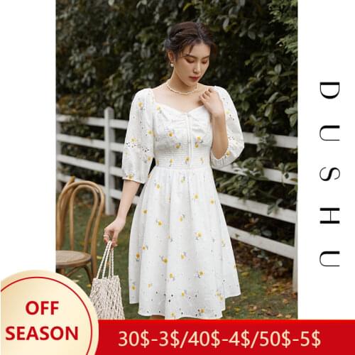 FANSILANEN Office Lady 100% Cotton French Dress Summer 2021 New Summer Hollow Embroidered White Long Skirt