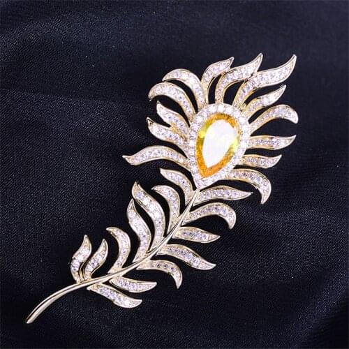 Luxurious Large Feather Brooches for Women Men Coat Suit Luxury Zirconia Broches Pin Jewelry Plume Brooch Pins Christmas Gift