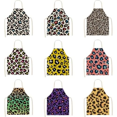 Leopard Print Flower Printed Sleeveless Aprons Kitchen Women Cotton Linen Pinafore Home Cooking Baking Waist Bib 55*68cm