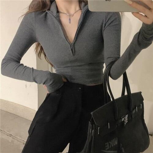 Solid color V Neck Sexy zipper Long Sleeve T shirt Female trim Short Navel Woman TShirts Casual Clothes Women Vintage Tops 745F