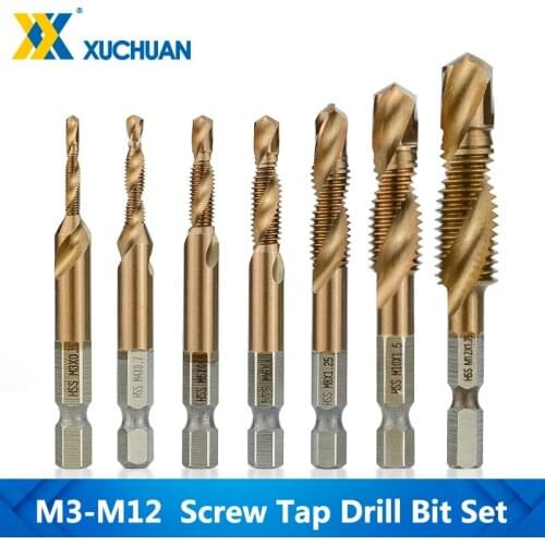 7pcs HSS Screw Thread Tap M3-M12 Metric Tap Drill Bits TiCN Coated 1/4 Hex Shank Screw Machine Compound Tap