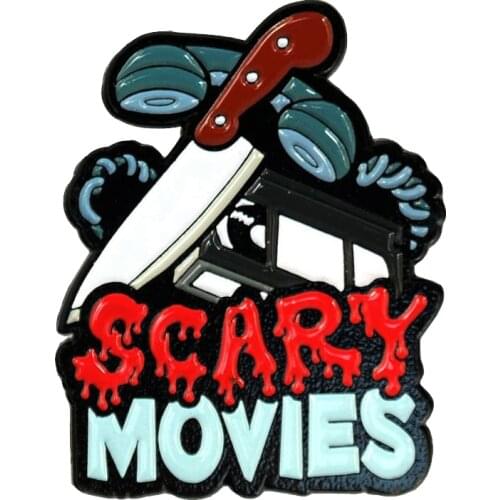 Scary Movies soft enamel pin of a VHS, knife and phone for fans of limited edition Spooky Dark Art collectibles