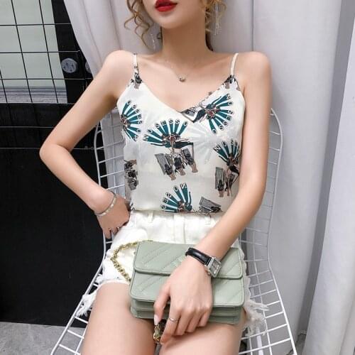 Satin Chiffon Silk Tops Women Sexy Print Sleeveless Halter Basic Cami Summer Elegant Chic Spaghetti Strap Female Camisole y2k
