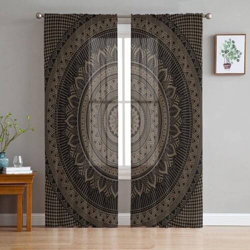 Hippie Black Mandala Bohemian Style Tulle Sheer Window Curtains for Living Room Kitchen Children Bedroom Voile Hanging Curtain