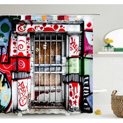 180X200CM Color Old Door Shower Curtains, Old Wall Graffiti Western style Bathroom Waterproof Polyeste Cloth Bath Curtain Set