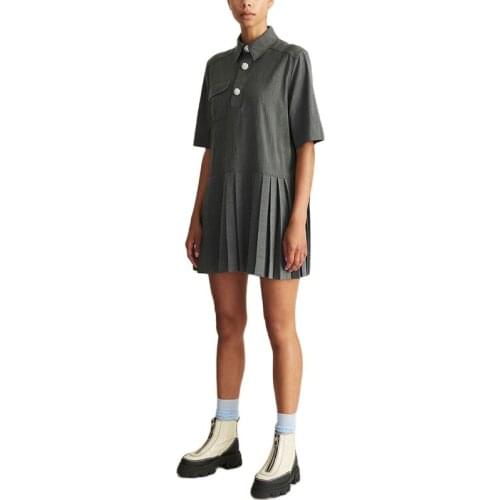Womens Grey Diamond Button Pleated Skirt Spring/Summer 2021 Preppy Style Polo collar Short Sleeve Pocket Dress