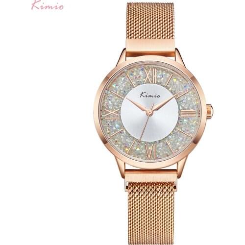 Kimio Women Fashion Roman Numerals Quartz Watch Stainless Steel Mesh Belt Watch Luxury Crystal Watches Relogio Feminino