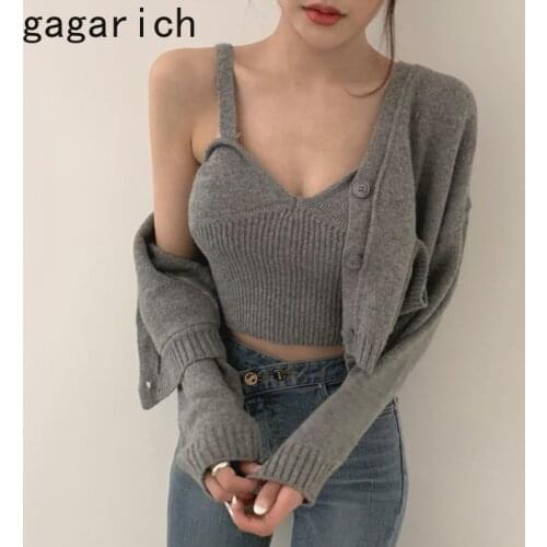 Gagarich Women Sexy 2 Piece Set Knit Fashion Korea Chic Autumn Winter Female V-neck Thin Inside Vest Short Cardigan Sweater