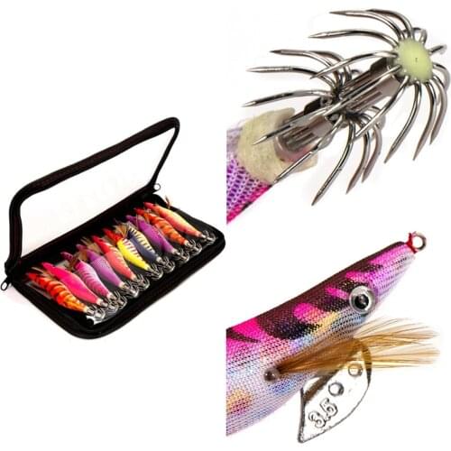 10PCS Fishing Lure Bag Squid Hook Jigs Octopus Cuttlefish Shrimp Baits 3D Eyes Lures