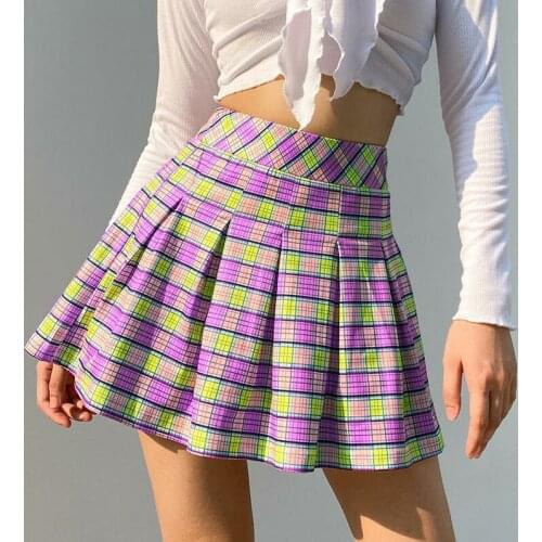 2021 New Style Women Fashion High Waist Plaid Skirt Ladies Female Slim Pleated Skirts Summer