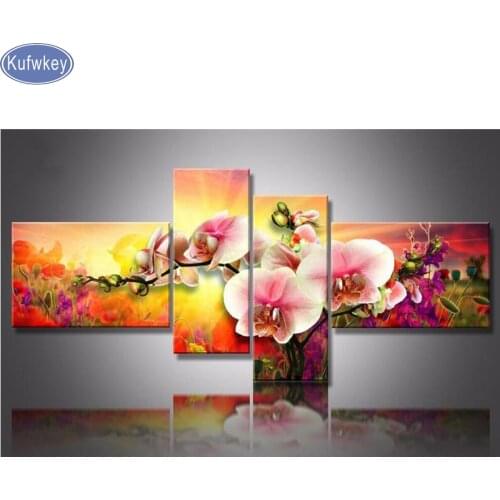 4pcs 5d diy diamond painting cross stitch orchid full square drill diamond embroidery rhinestones painting kit triptych painting