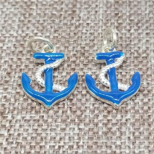 925 Sterling Silver Blue Anchor Charms with Enameled for Bracelet Necklace