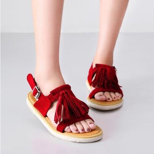 Big Size 11 12 13 14 15 16 summer flat sandals ladies women shoes woman T-type buckle fringed suede flat-soled retro sandals