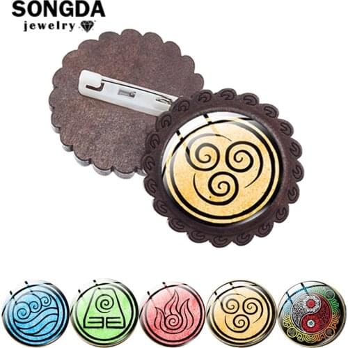 SONGDA Womens Brooches New Avatar The Last Airbender Wooden Badge Lapel Pins On Clothes Bags Hats Glass Dome Fashion Jewelry