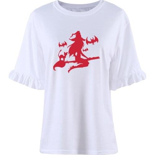Flying Witch Black Cat For Halloween Black Bat Print Female T Shirt Funny Women Casual Petal Sleeve Tops Tees Loose Camisetas