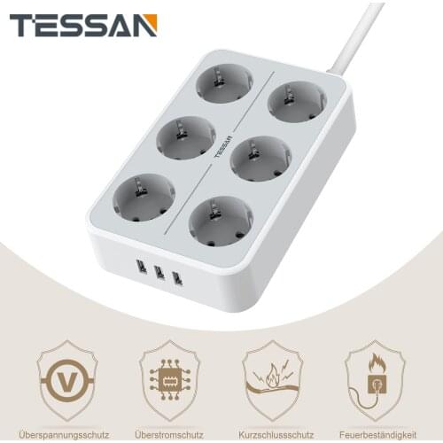 TESSAN Wall Mounted USB Power Strip Overload Protector with 2 Meters Cable, 3 USB Ports and 4/6/8 AC Outlets for Home, Office