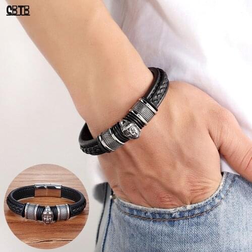 Genuine Leather Stainless Steel Buddha Head Jewelry Religious Buddha Bracelet Mens Blessing Lucky Bracelet Accessories Gift