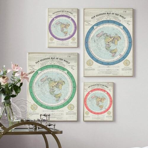 New Standard Map Of The World Printing Posters, Flat Earth Geography Map GleasonS Art Prints, Colored Drawing Home Wall Decor