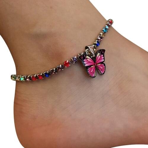 Bohemian Geometric Rhinestone Chain Anklets Gold Silver Color Butterfly Leg Bracelet Anklet For Women Girl Bling Feet Jewelry
