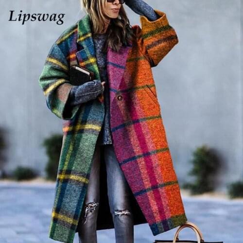 Autumn Women Plaid Print Long Sleeve Overcoat Winter Warm Loose Woolen Coat Office Lady Fashion Lapel Outwear Jackets Streetwear