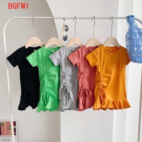 1-8Y Summer clothes Baby girl Kids Children clothing Short sleeve Fashion Drawstring Mermaid skirt Short sleeve T-shirt dress