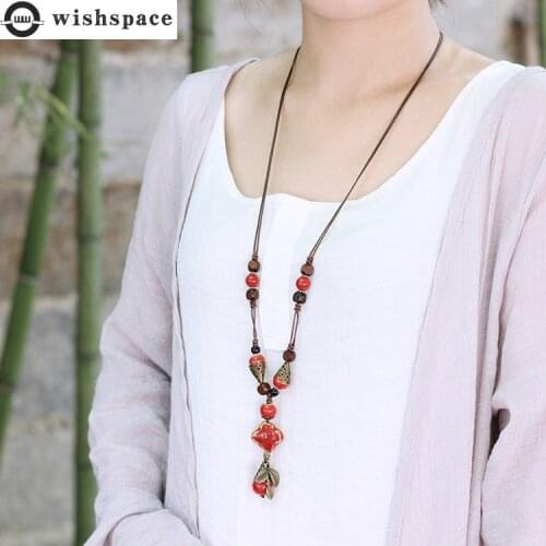 Wishspace restoring ancient ways is popular ceramic leaves sweater chain tassel pendant Long necklace jewelry best gift