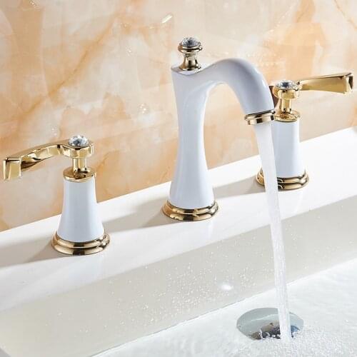 Bathroom Widespread Basin Faucet Brass Sink Mixer Taps Hot & Cold Deck Mounted Dual Handle With Crystal Crane Taps White Gold