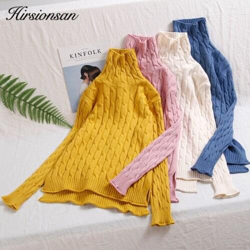 Hirsionsan Sweater Women 2018 Autumn Winter Twist Knitted Turtleneck Women Pullovers Casual Thicken Jumper Side Split Pull Femme