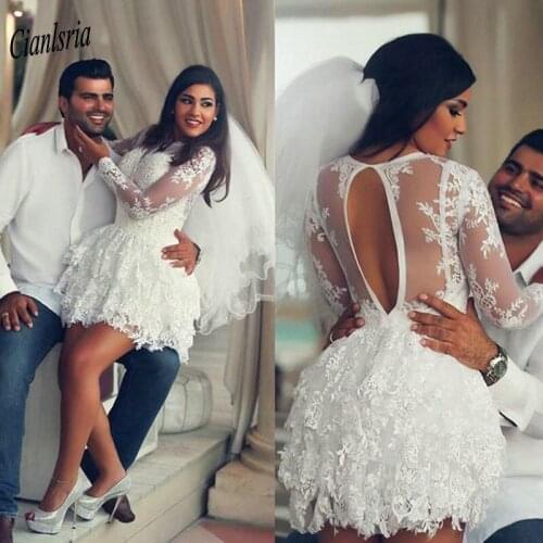 Gorgeous Open Back Tiered Shirt Short Wedding Dress 2020 O-Neck Long Sleeve Appliques Lace Mini Wedding Dresses robe de mariee