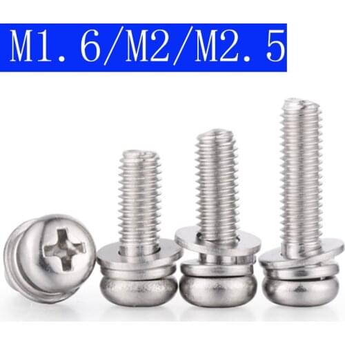 M1.6 M2 M2.5 10mm 304 Stainless Stell Cross Recessed Pan Head Screw, Spring Lock Washer and Plain Washer Assemblies Phillips