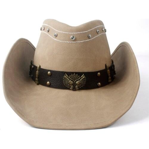 Womens Mens Winter Leather Wide Brim Cowboy Western Cowgirl Fedora Hat With Two Guns Leather Band