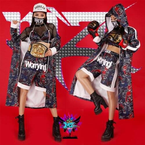 Women New Boxing Clothing Coat Shorts Sexy DS Female Costumes Performance DJ Show Prom Party Set(Top + shorts + cloak) champion