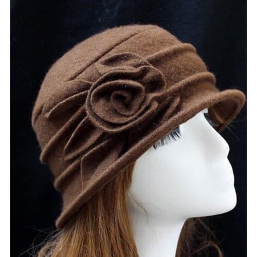 Womens Fedoras Hats Elegant Vintage Wool Church Cloche Flapper Hat Lady Solid Color Bucket Winter Warm Flower Cap 6 Colors