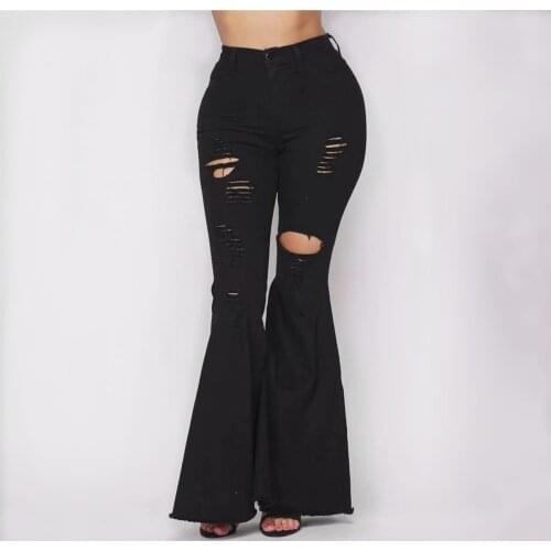 Fashion Black Women Ripped Jeans Washed Hole Denim Flared Jeans Denim Ladies Push Up Bell Bottom HighWaist Free Shipping