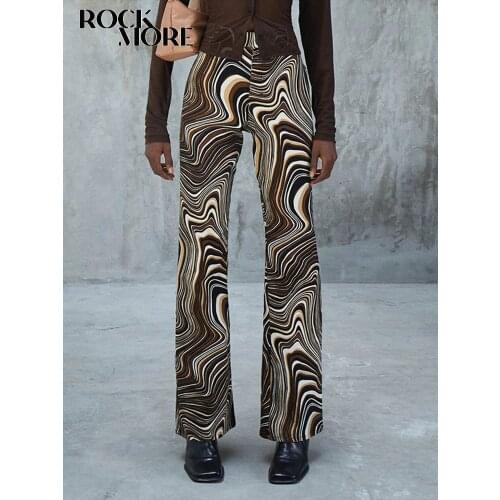 Rockmore Vintage Ripple Print Flare Pants Women Casual Loose Y2K Brown High Waist Wide Leg Trousers Sexy Fashion Harajuku 2021