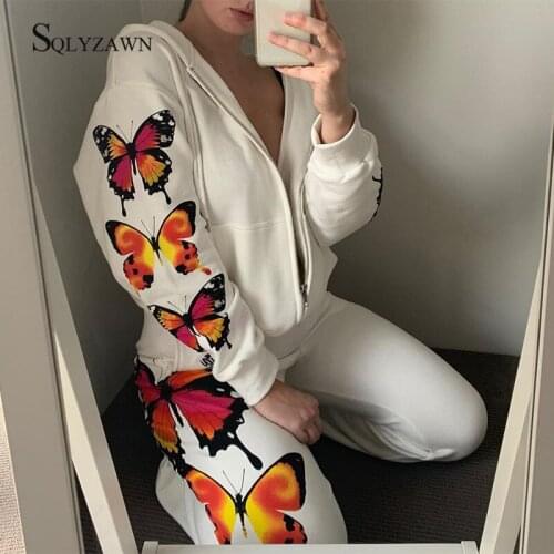 Sexy Butterfly Print Loose Zip Hooded for Womens Long Sleeve Sweatshirt White Two Piece Suit Autum Casual Cargo Pants Outfits
