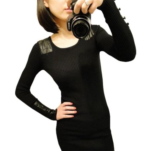 Spring Fall Winter Knit Sweater Women New Korean Leather Shoulders Long Pullover Slim Package Hip Wild Bottoming Vestidos LXJ075