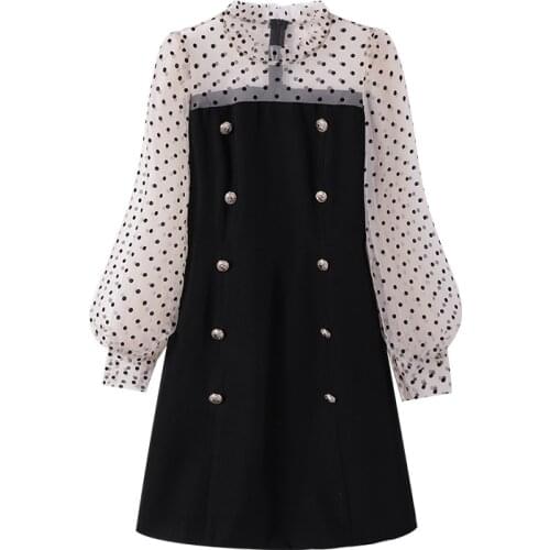PERHAPS U Women Black Collar Polka Dot Mesh Patchwork Double Breasted Lantern Long Sleeve Empire A-line Mini Dress Spring D2441