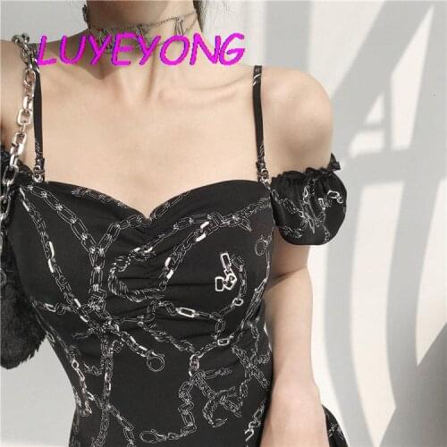 Korean Fashion Elegant Vestidos Girl Printed Puff Short Sleeve Strap High Waist Dresses Black Sexy Lady Summer Mini Dress Chains