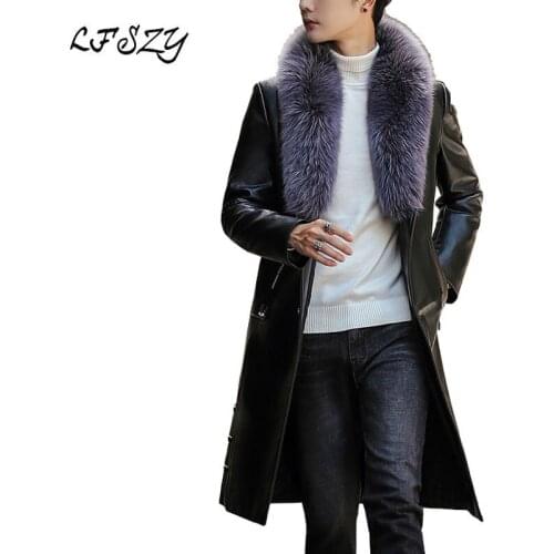 Winter Thick Warm Long Leather Coat Male Over the knee Black Plus Velvet Windbreaker Youth Large fur collar PU fur Coat