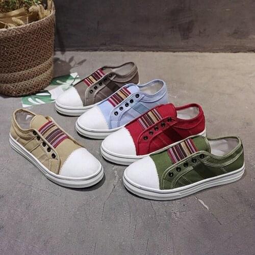 2021 Spring New Large Size Elastic Band Flat Heel Low Top Pure Color Youth Trend Casual Canvas Single Shoes Women