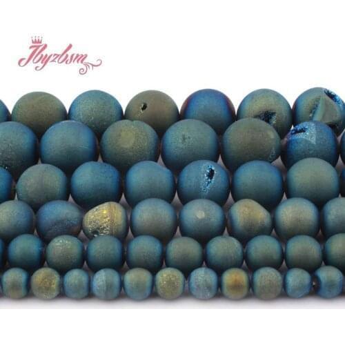 8,10,12,14mm Round Light Blue Metallic Coated Druzy Agates Stone Beads For Necklace Bracelet DIY Jewelry Making 15"