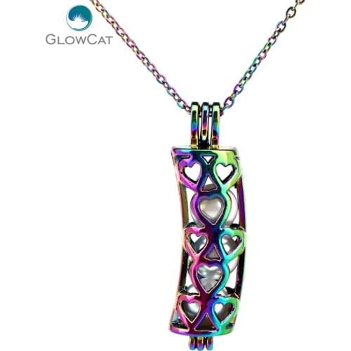 C211 Rainbow Color 40mm Mini Heart Tube bead cage Necklace Pendant Aroma Essential Oil Diffuser Locket Necklace