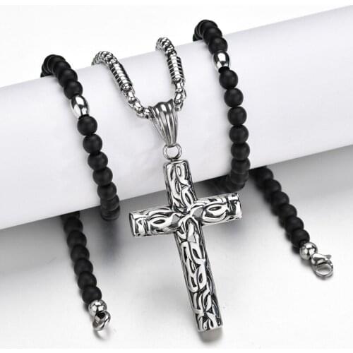 316L Stainless Steel Cross Christian Lucky Pendant Necklace Black Beads Chain Necklace Christian Jewelry