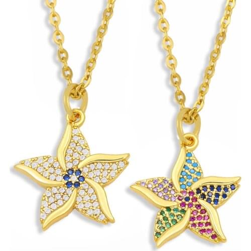 FLOLA Multicolor Flower Necklace For Women Gold Chain Bauhinia Pendant Necklace Charms Stone Cubic Zirconia Jewelry Gifts nkes79