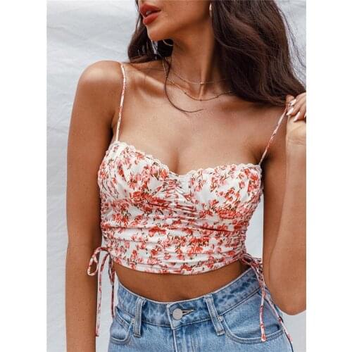 Hirigin Summer Flowers Camisole Women Tube Tops Strap Bustier Cropped Chic Fashion Side Drawstring Ruched Corsets Tank Vests