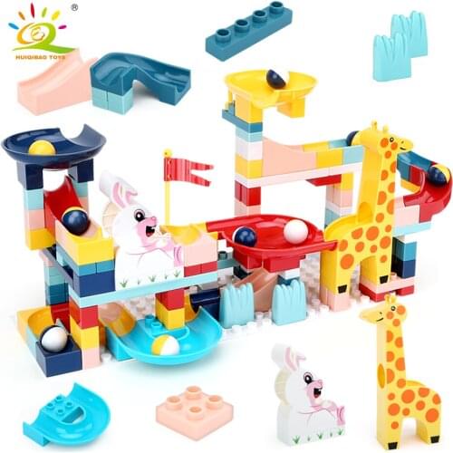 HUIQIBAO 152PCS Animals Marble Race Run Big Building Block Creative Size Large Bricks Set with Baseplate Children Kids Toys Gift