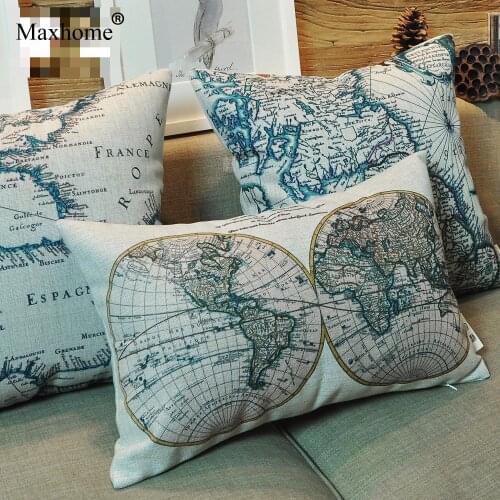 American Country Style Linen Cotton Pillowcase Retro Nautical Map Printed Cushion Decorative Pillow Home Decor Throw Pillow